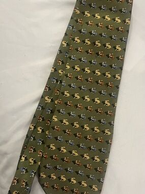 Nautica Olive Green 100% Silk Tie with Multicolor Rabbit Motif. EUC